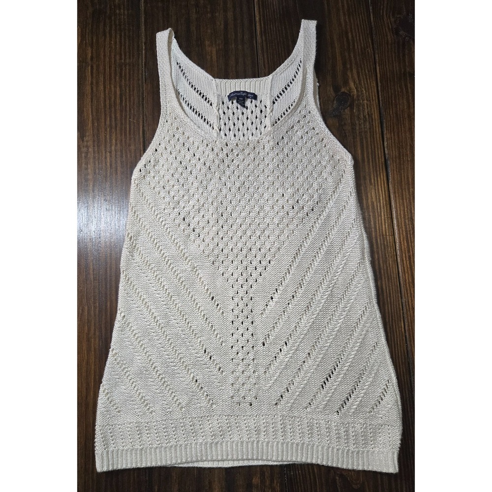 American Eagle Shimmer Open Knit Tank Crochet Style Boho Coastal Grandma Top M